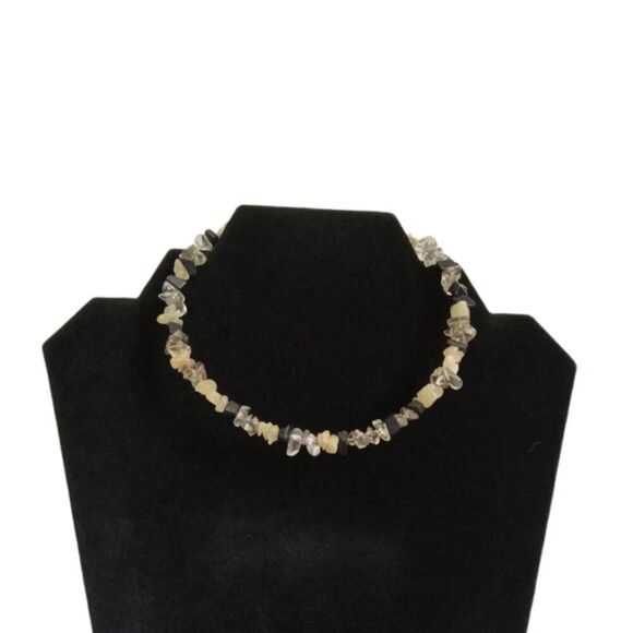 Black and Beige Faux Sea Glass Beaded Shards Memory Wire Choker Style Necklace - Picture 1 of 7